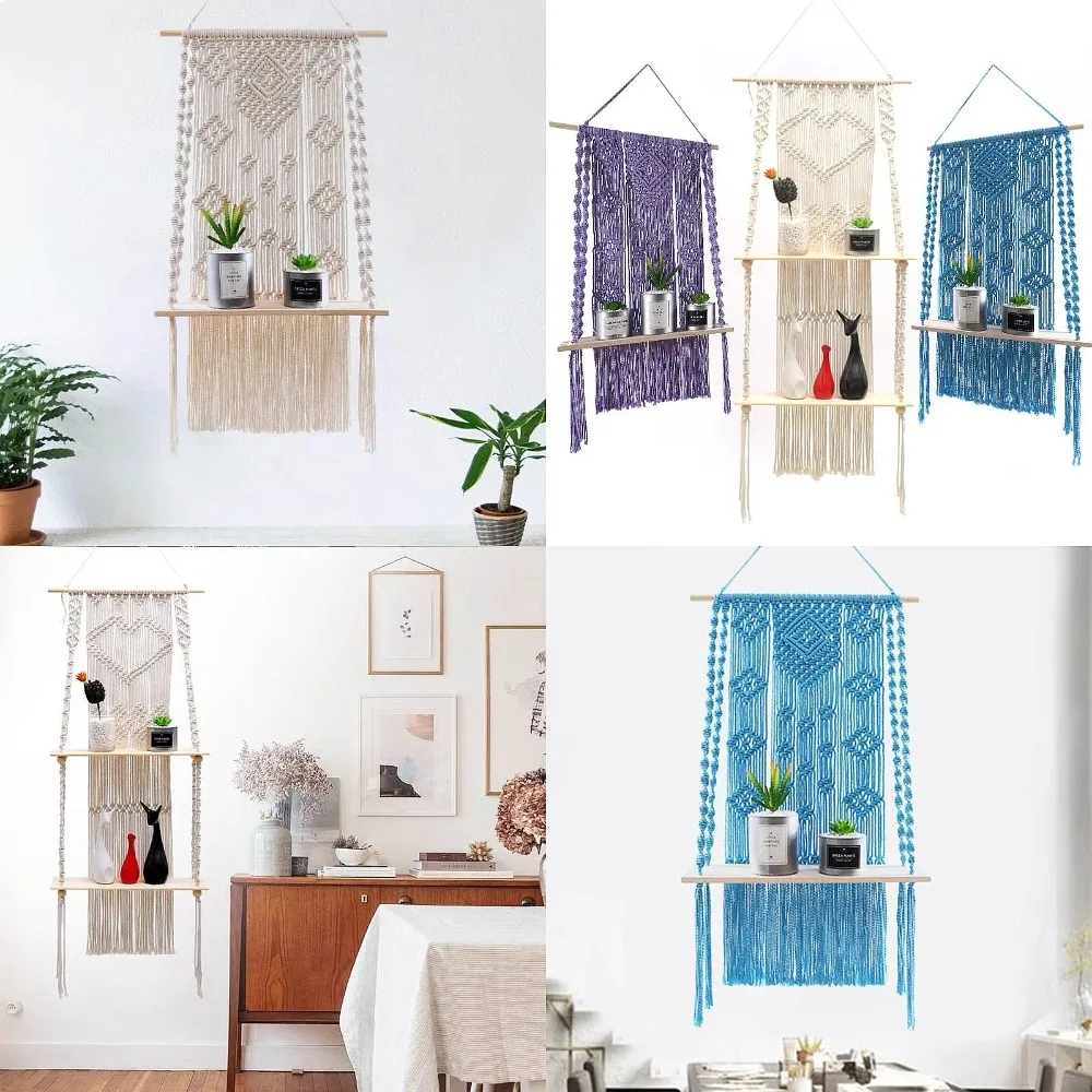 Macrame Cotton Rope Hanging Wall Decor Woven Boho Plant Holder Shelf Tassel Fringe Home
