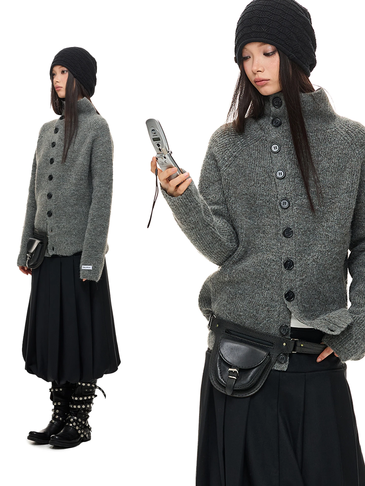 

JIKOO Vintage Stand Collar Slanting Sleeve Knitted Open Cardigan Slimming Waistcoat Women's Fashion Autumn Winter Sweater