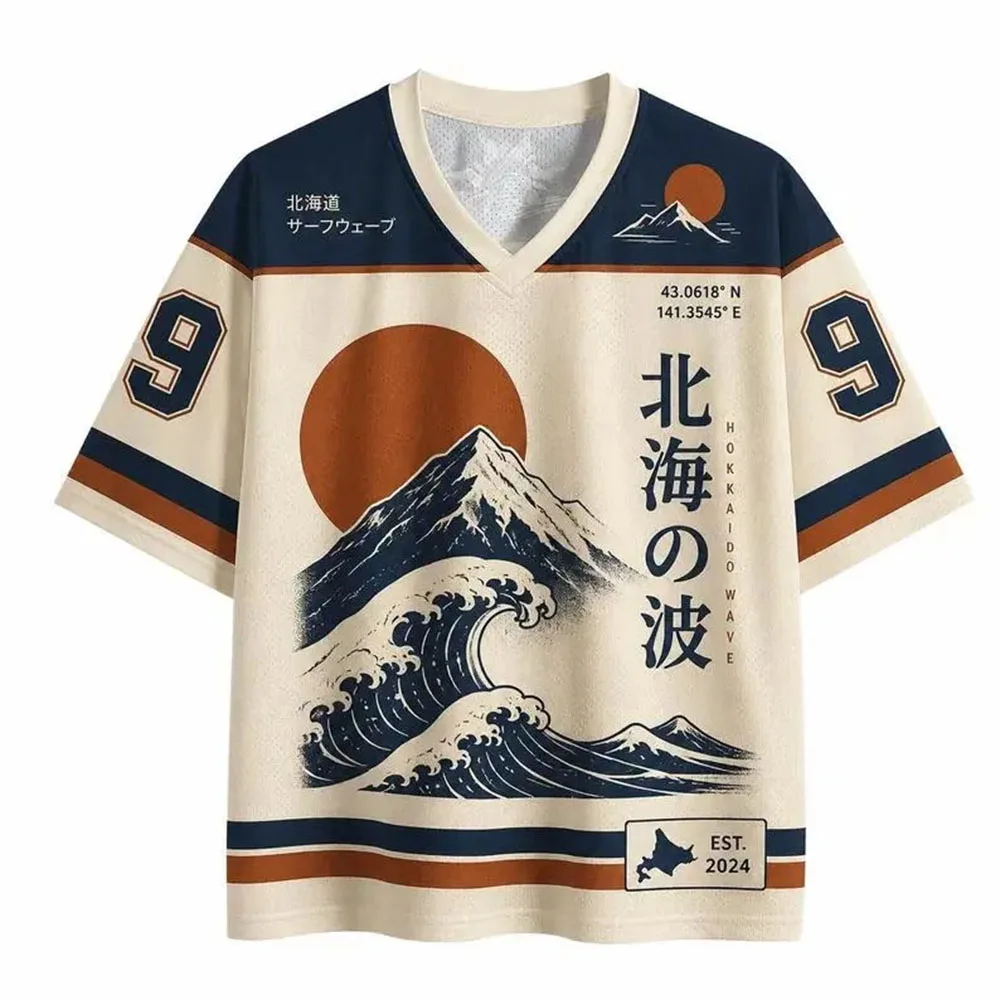 Hokkaido Wave Japanese Soccer Jersey Loose Vintage Unisex Streetwear Shirt Short Sleeve V-neck Summer Male T-shirt Print Merch