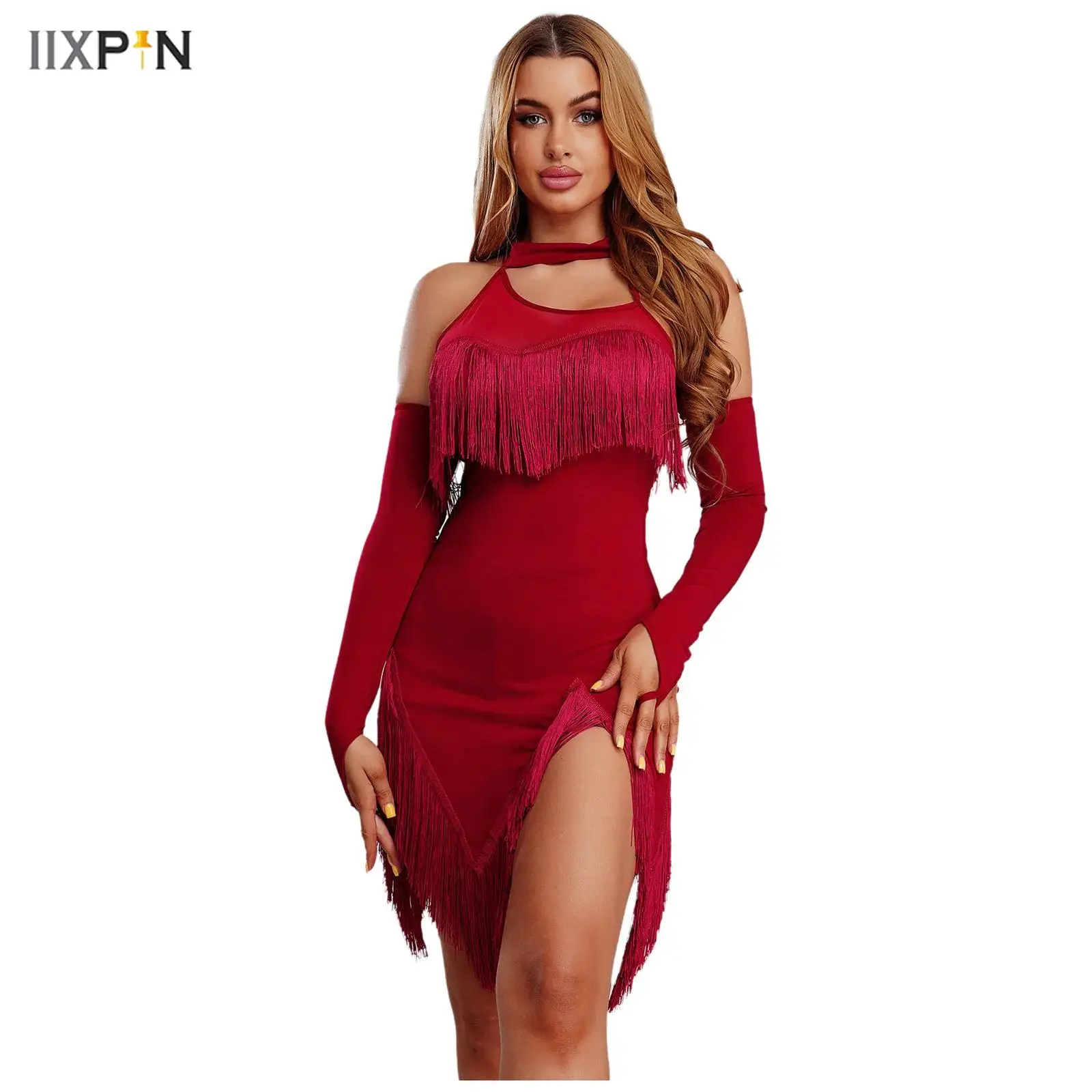 

Womens Latin Chacha Dance Dress Halter Sleeveless Irregular Hem Tassel Dress+Safety Shorts+Gloves for Dancing Class Ball Party