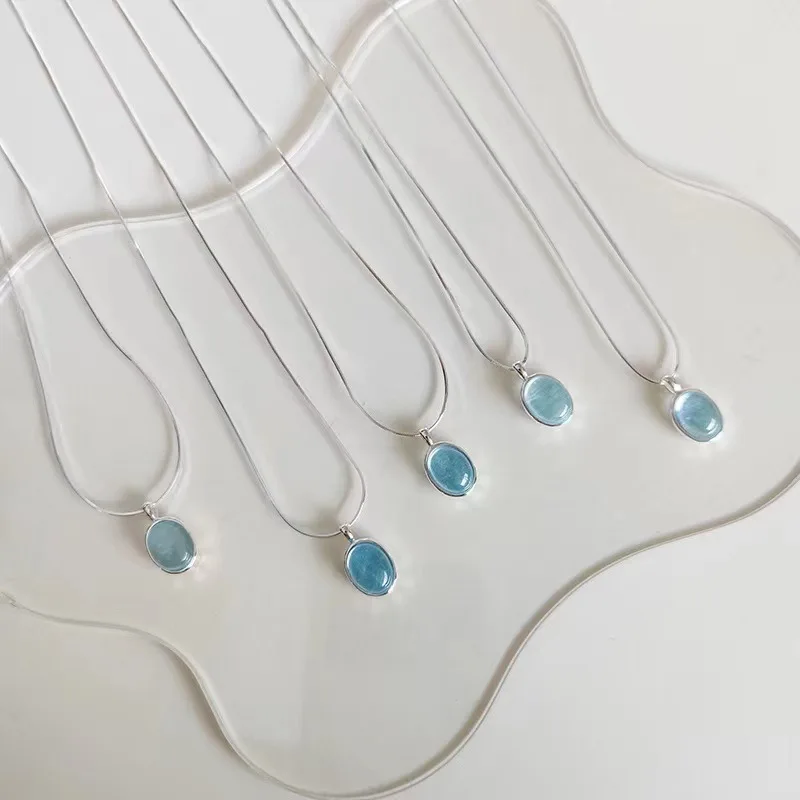 

S925 Sterling Silver Aquamarine Pendant Necklace As Gift - Light Luxury with Unique Design, Ins Snake & Collarbone Chain