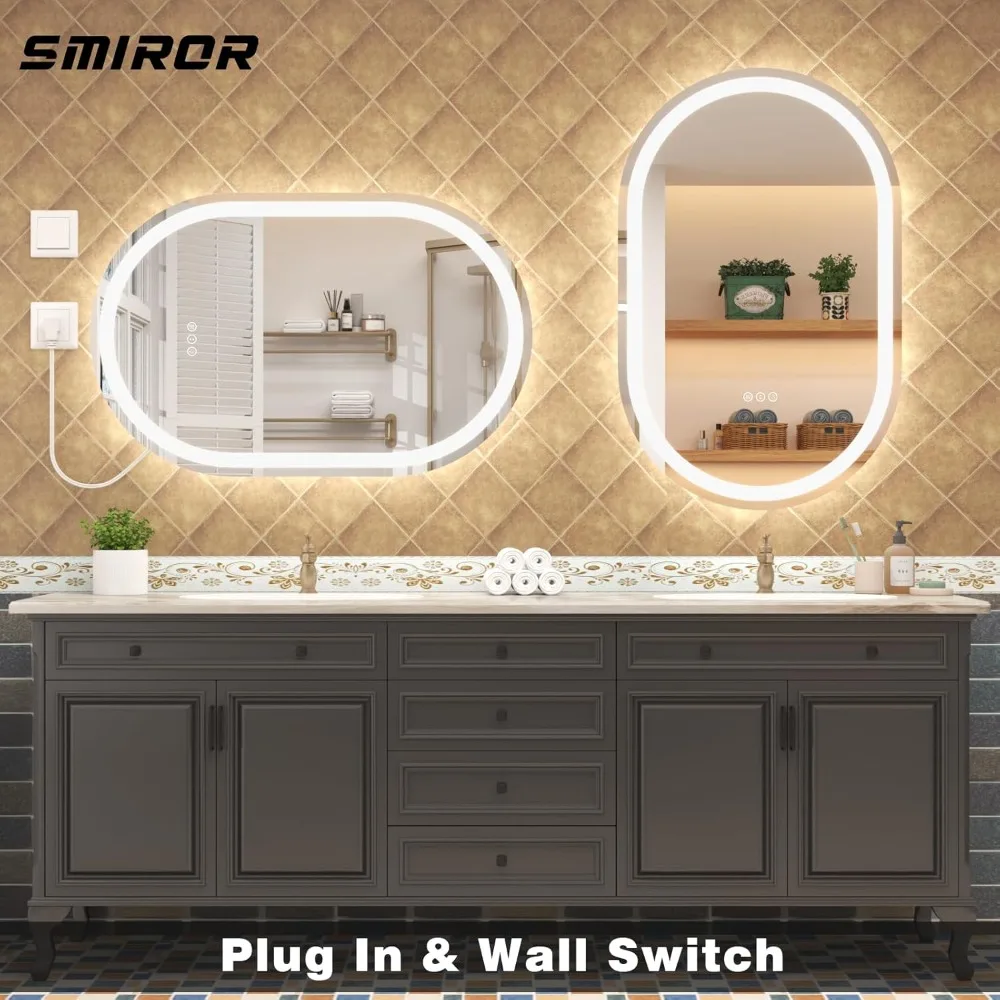 مرآة حمام SMIROR بيضاوية الشكل بإضاءة LED للجدار 24x36، مرآة مضيئة على شكل حبوب منع الحمل مع أضواء، إضاءة أمامية وإضاءة خلفية، 3 C #5