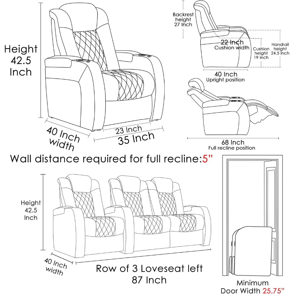 Home Theater Seating Top Grain Leather Recliner Chair Dual Power Movie Gaming Sofa Electric Headrest with Tray Table Charge Sofa