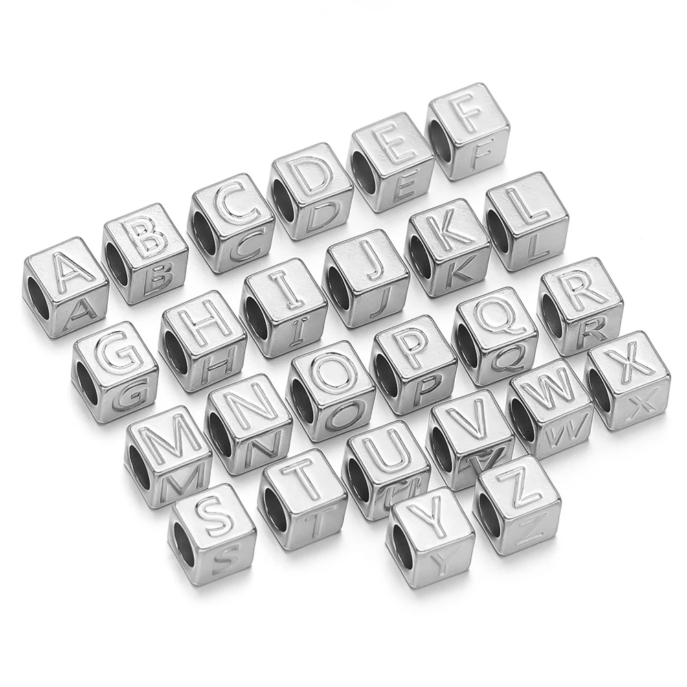10 Stück Edelstahl Quadratische Würfelperlen Buchstaben Alphabet Lose Abstandsperlen DIY Halsketten Anhänger Schmuck Armband Herstellung – Detail 5
