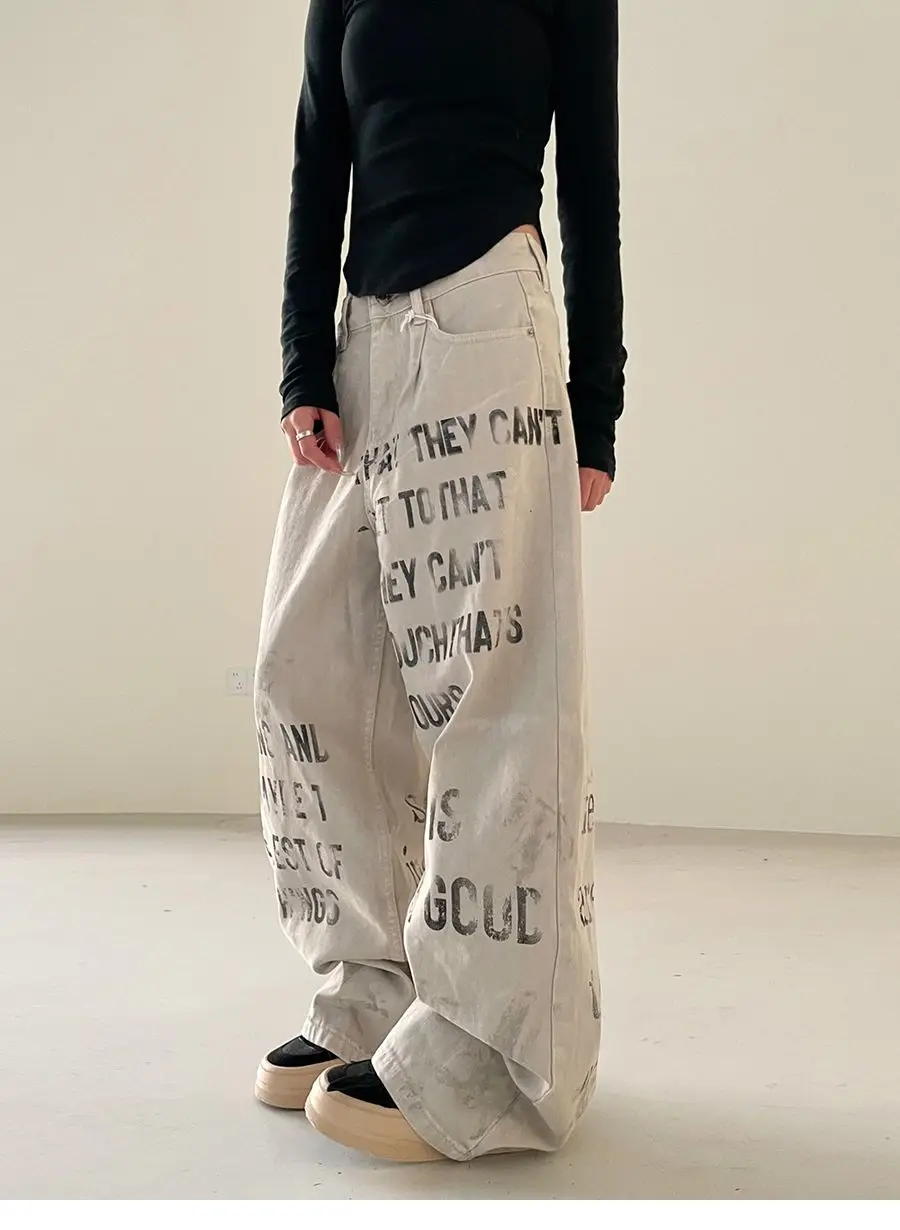 Donna Vintage Graffiti Albicocca Y2k Jeans 2025 Autunno a vita alta American Retro Streetwear Pantaloni in denim a gamba larga Pantaloni larghi