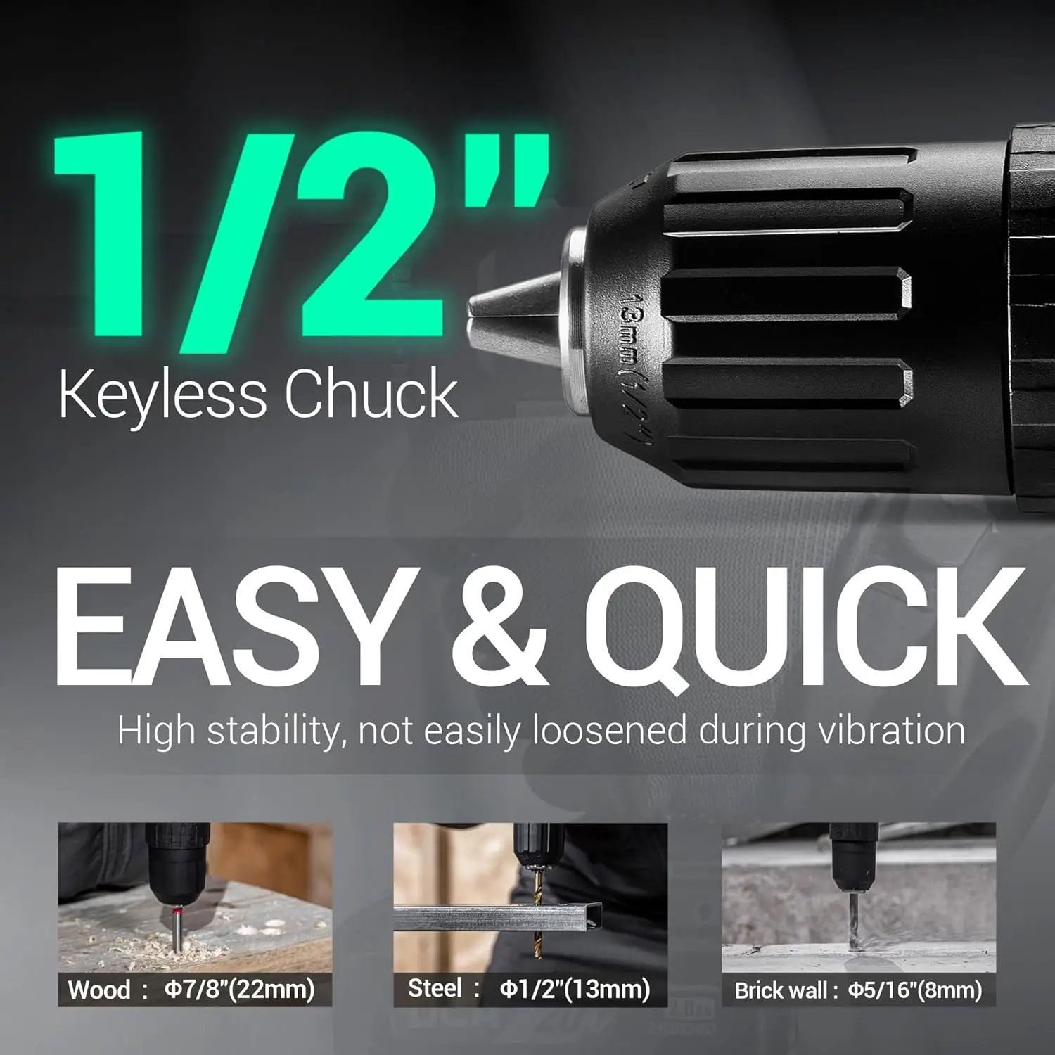 Juego de taladro percutor inalámbrico de 20 V, par de 354 libras, portabrocas sin llave de 1/2', 22500 IPM, 2 velocidades, 18+1+1, 14 puntas para ladrillo, metal, Woo