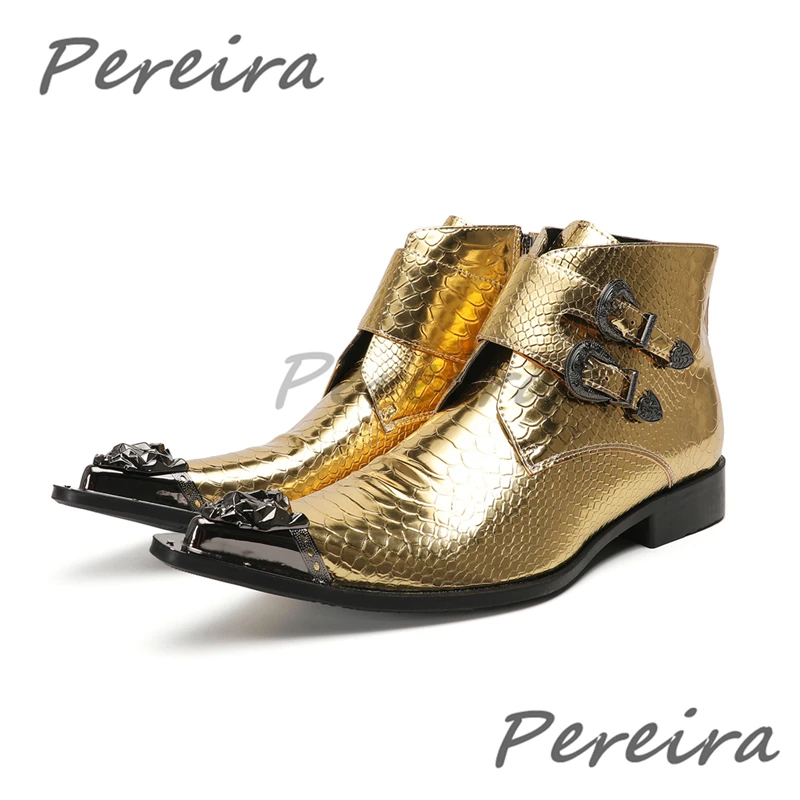 Iron Pointed Toe Snake Patterned Chelsea Boots for Men Luxury Golden Double Belt Buckle Zipper Ankle Boots British Dress Shoes