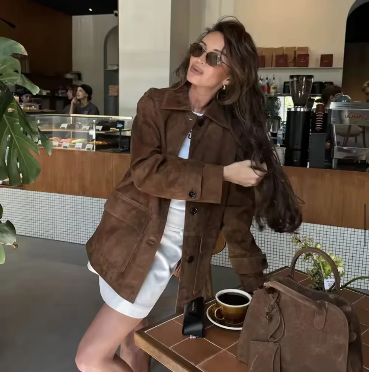 新しいファッション女性オールドマネーブラウンレザースエード長袖ジャケットコートヴィンテージデミシーズンジャケット秋冬アウター