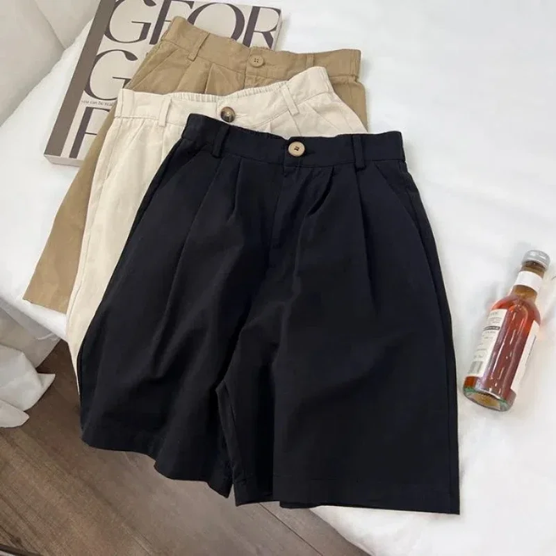 اليابانية الرجعية واسعة الساق العمل السراويل النسائية الدعاوى و اقتصاص السراويل الصيف فضفاضة عادية مستقيم الساق منتصف السراويل الملابس العصرية #1