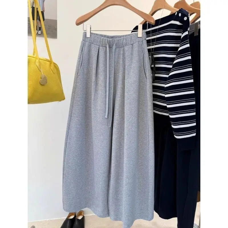 Korean Style Women's Wide Leg Pants Autumn Winter New Casual Cloud Soft Trousers Belted High Waist Straight Cotton Blend