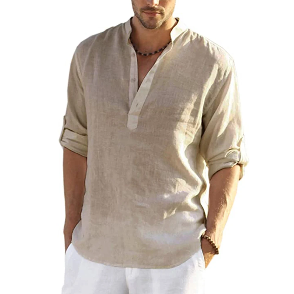 Nova Blusa Casual Masculina de Algodão e Linho, Camisa Solta com Gola e Manga 9/10, Fibra Coolmax, para Mulheres