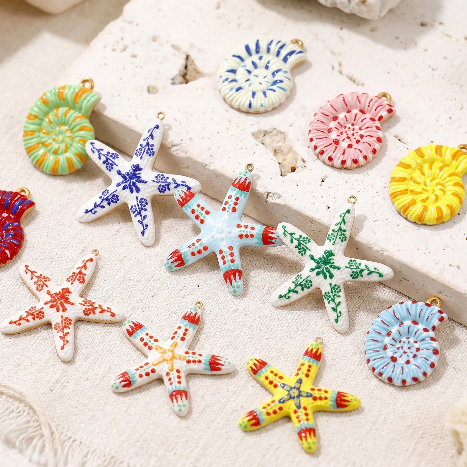 2pcs Stainless Steel Charms 18K Gold Plated Shell Starfish Multicolor Painted Pendants DIY Necklace Earrings Jewelry Findings