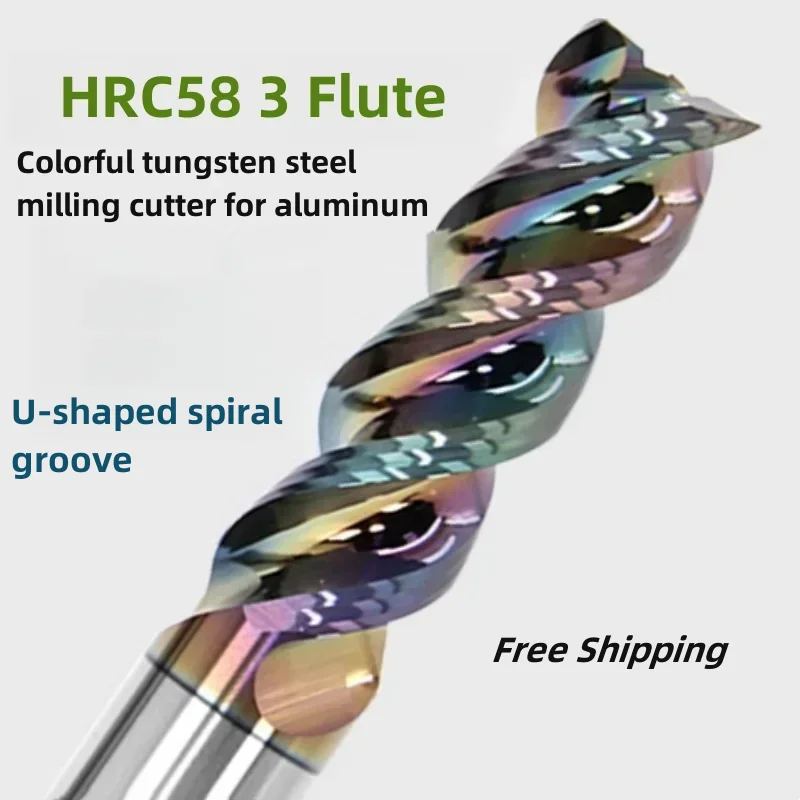 HRC58 3 Flutes Colorful DLC Roughing End Mill for Aluminum High Gloss Carbide Alloy milling Cutter U-shaped groove 8x32x8x100