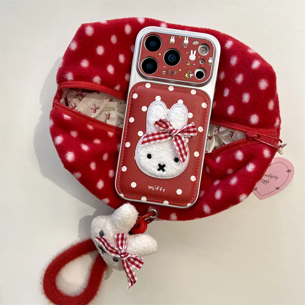 

Korea Polka Dot Embroidered Miffy Bunny Phone case for iPhone 17 Pro 16 15 14 13 16 Pro Max Fundas With Plush Pendant Cute Cover