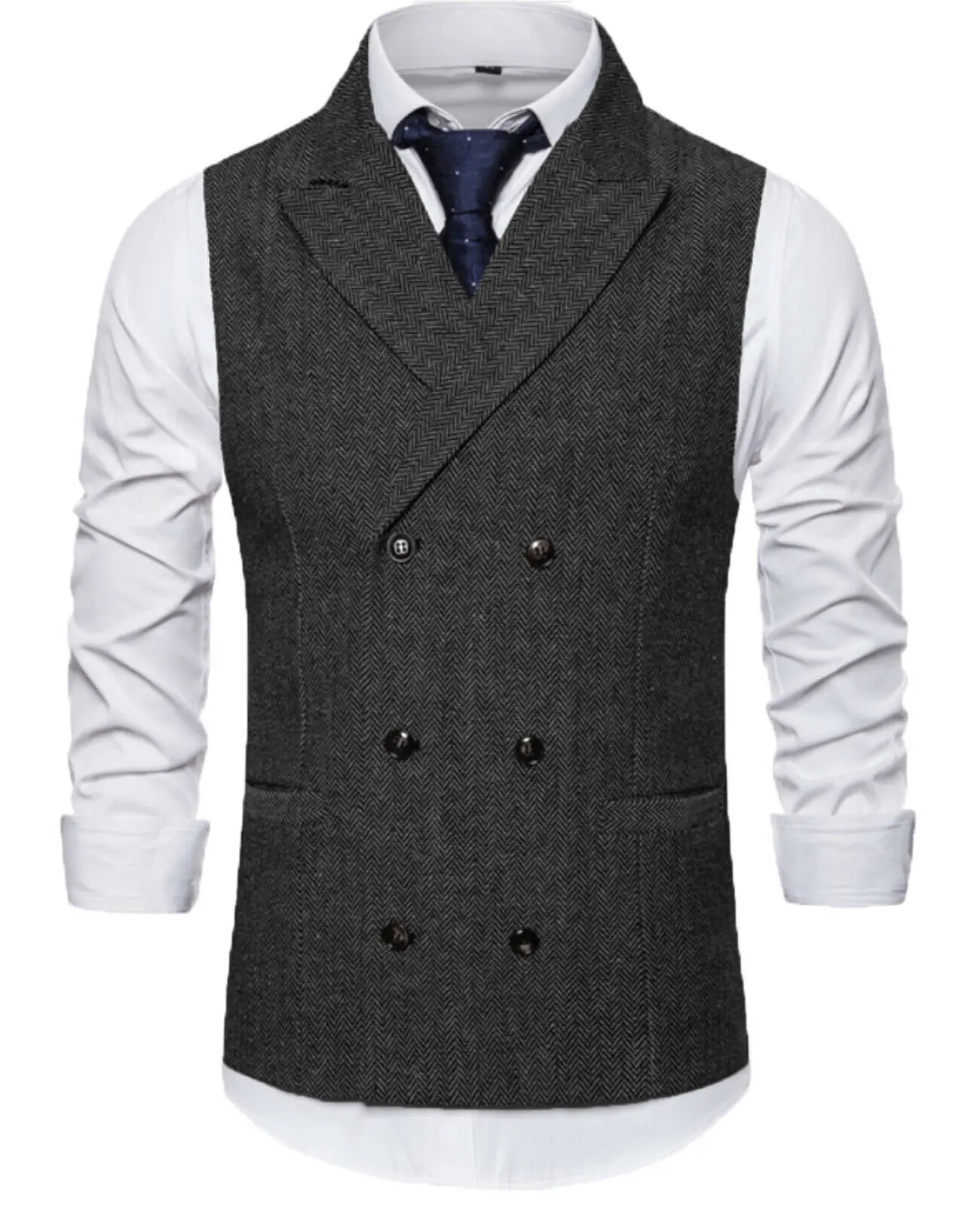 2023 Mannen Vest Bourgondië Visgraat Tweed Tailored Kraag Double-Breasted Vesten Koffie Business Vest Voor Mannen Kleding