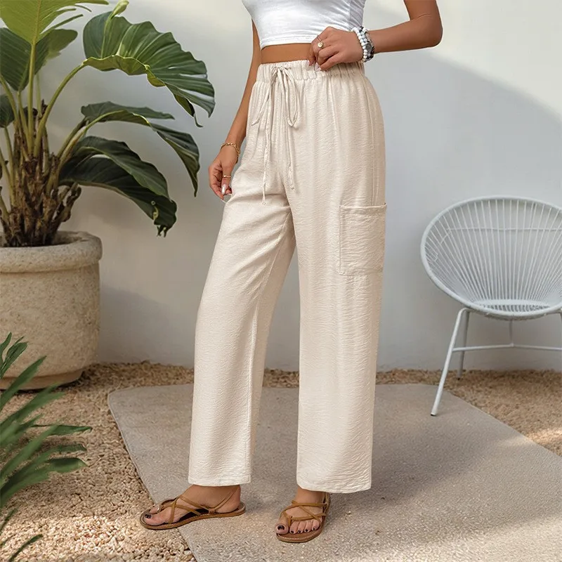 

Women's Casual Textured Straight Trousers Pants 2025 Summer New High Waist Pocket Elastic Pants Simple Loose Pant Women Clothing