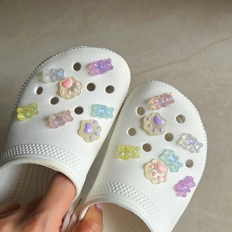 （Summer4）14 Pcs/set Luminous Bear+Bear Footprint Combination Decoration For Clogs Detachable Accessories Shoe Charms Decoration