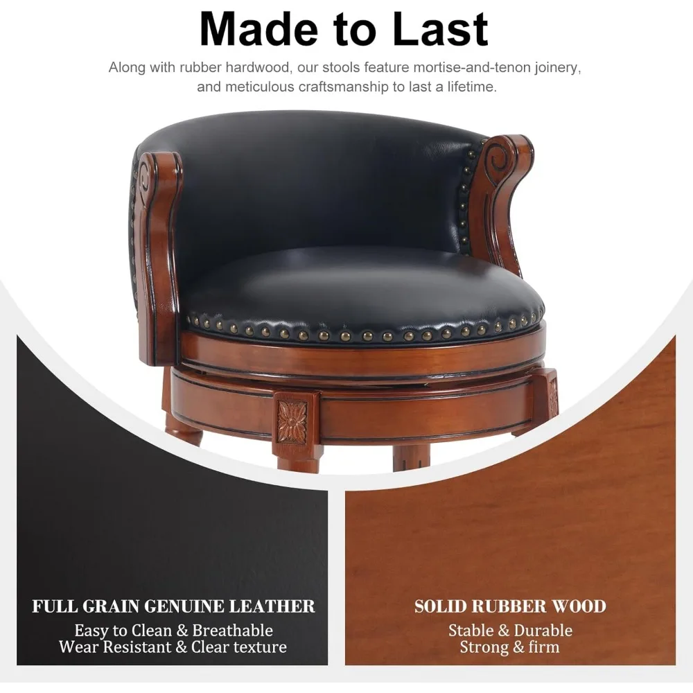 مقاعد جلدية دوارة مع مسند للقدمين: جلد أسود محبب بالكامل وقاعدة خشبية للمطبخ وتناول الطعام وغرفة المعيشة #4