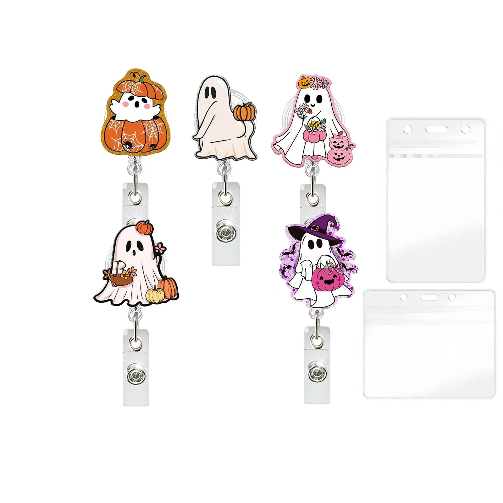 Acrylic Id Card Holder Festive Ghost Pattern Retractable Reel Nurse Ghost Badge Holder Cute Halloween Badge Reel For Holiday
