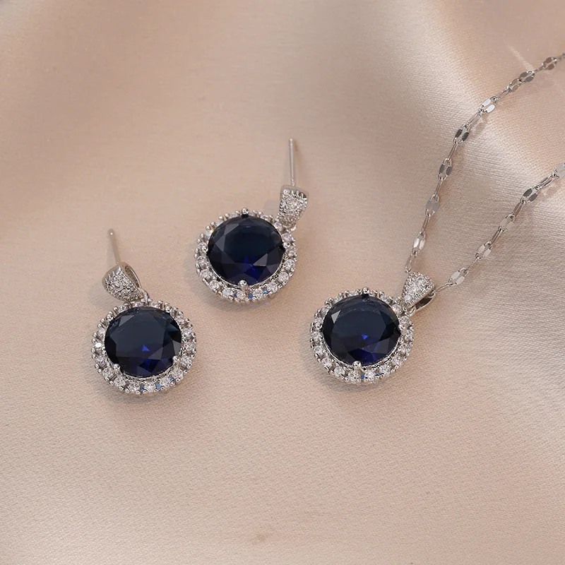 Big Blue Stone Round Pendant and Stud Earrings For Women Silver Color Zircon Clavicle Necklace Bridal Wedding Party Jewelry Sets