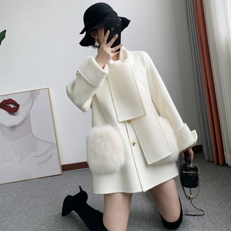 2022 High End Brand Fox Fur Pocket Double Sided Woolen Cashmere Coat Women Long Scarf Collar woolen coat