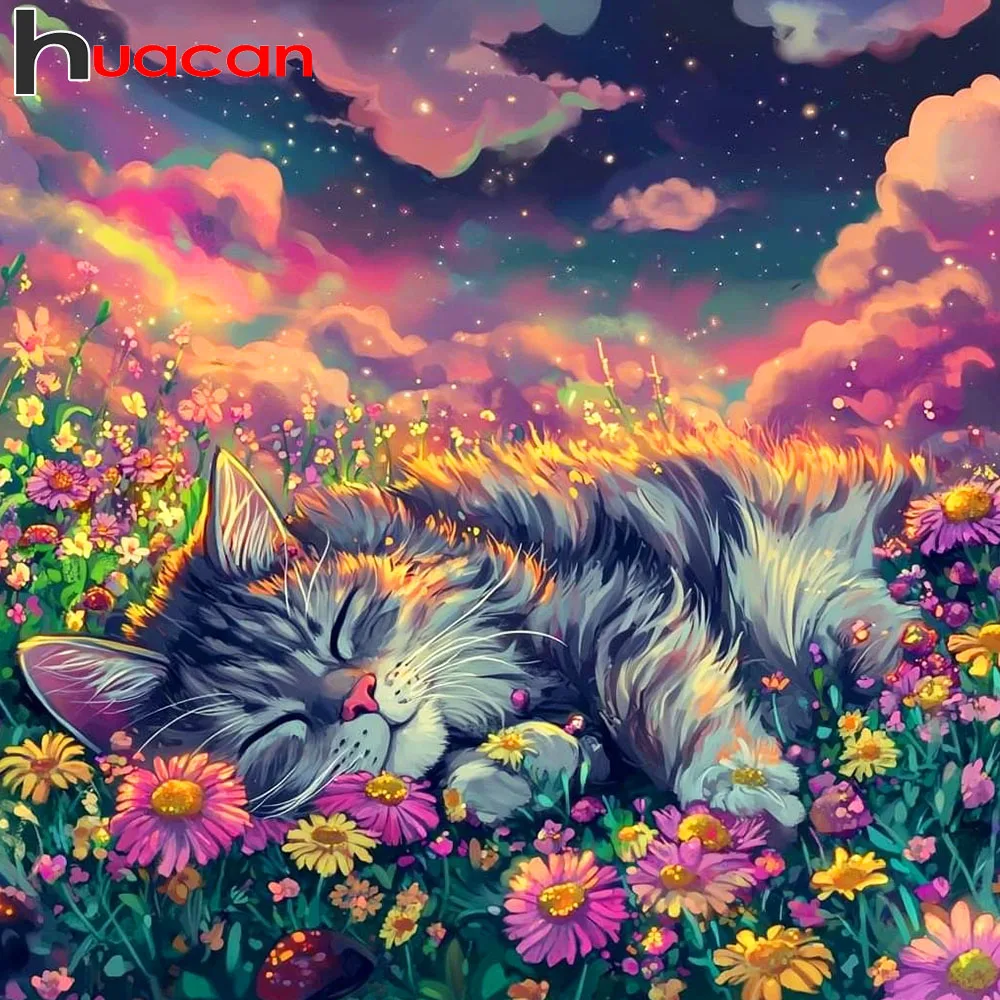 Huacan 5D Diamantmalerei Katze mit Gänseblümchen, Diamant-Mosaik Tier- und Blumenmotiv, Komplettes Set, Dekorative Gemälde