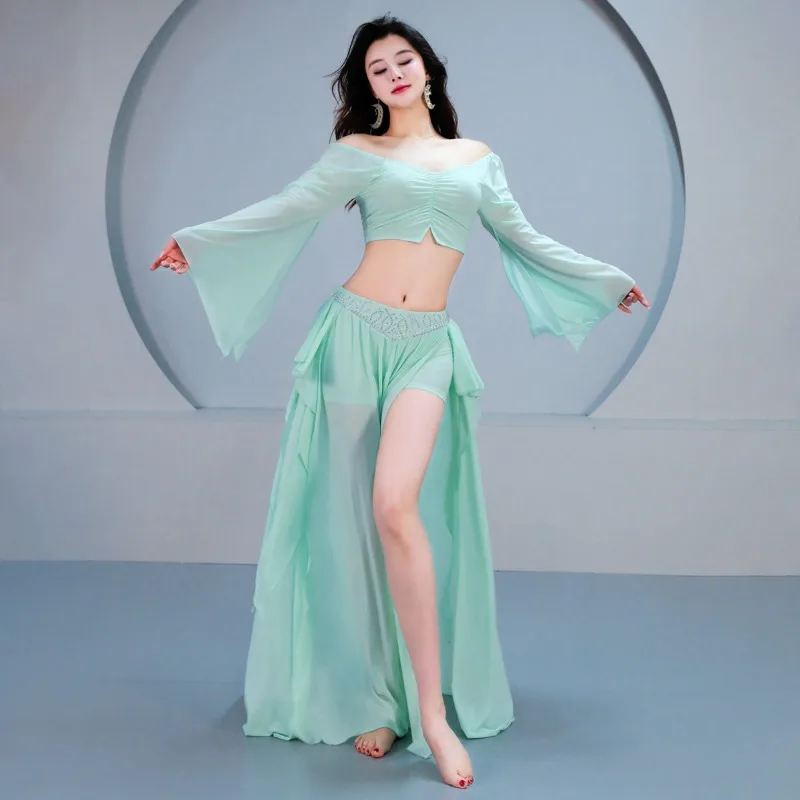 Customized Belly Dance Costume Women Oriental Dance Set Long Sleeved Practice Outfit Lotus Leaf Ribbon Class Outfit 2Pcs