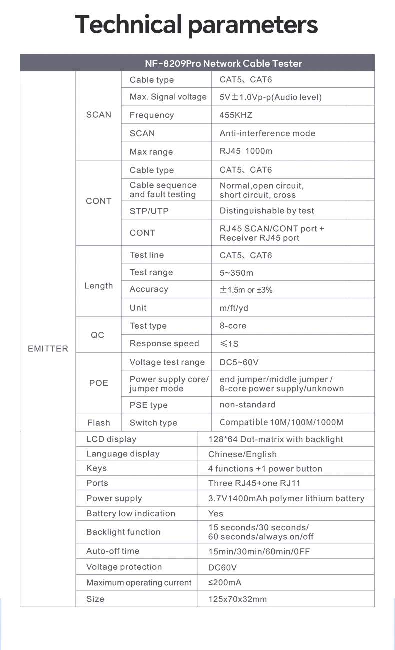 NOYAFA NF-8209Pro Netzwerkkabel-Tester und -Ortungsgerät mit Längenmessung, POE-Protokoll, Flash-Test, RJ45-Stecker-Scan und Kabel-Tracking – Detail 15