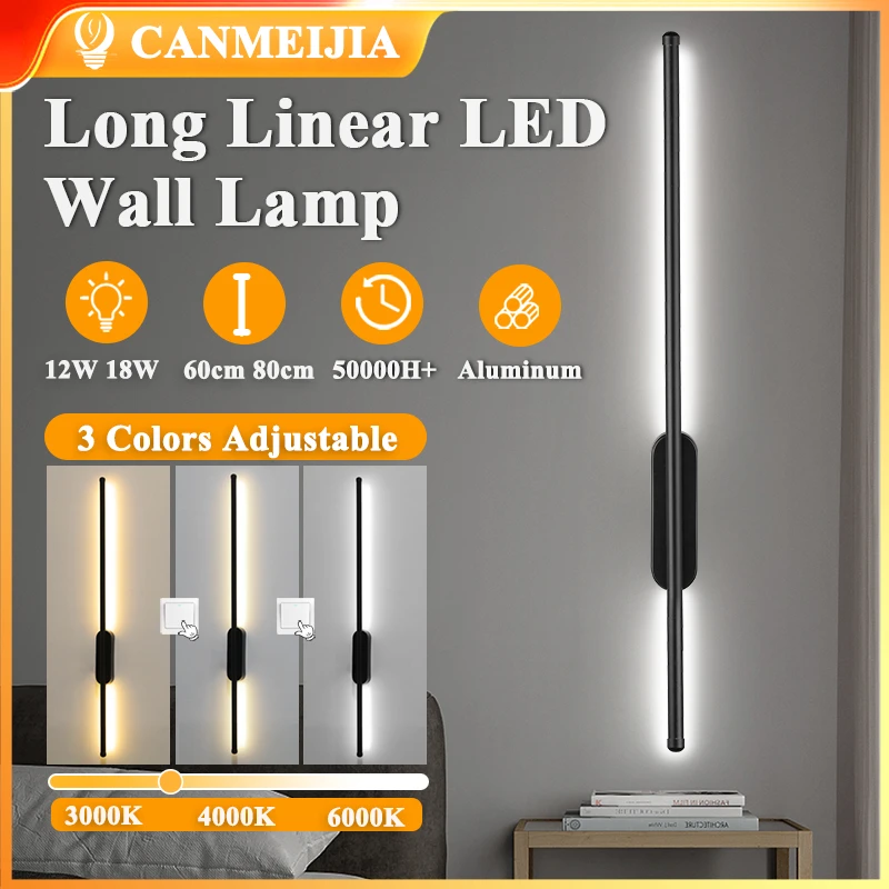 3 Colors Strip Wall Light 110v 220v LED Wall Lamp 12w/18w for Home Lighting Living room Bedroom Beside Stairwell Decorative Ligh