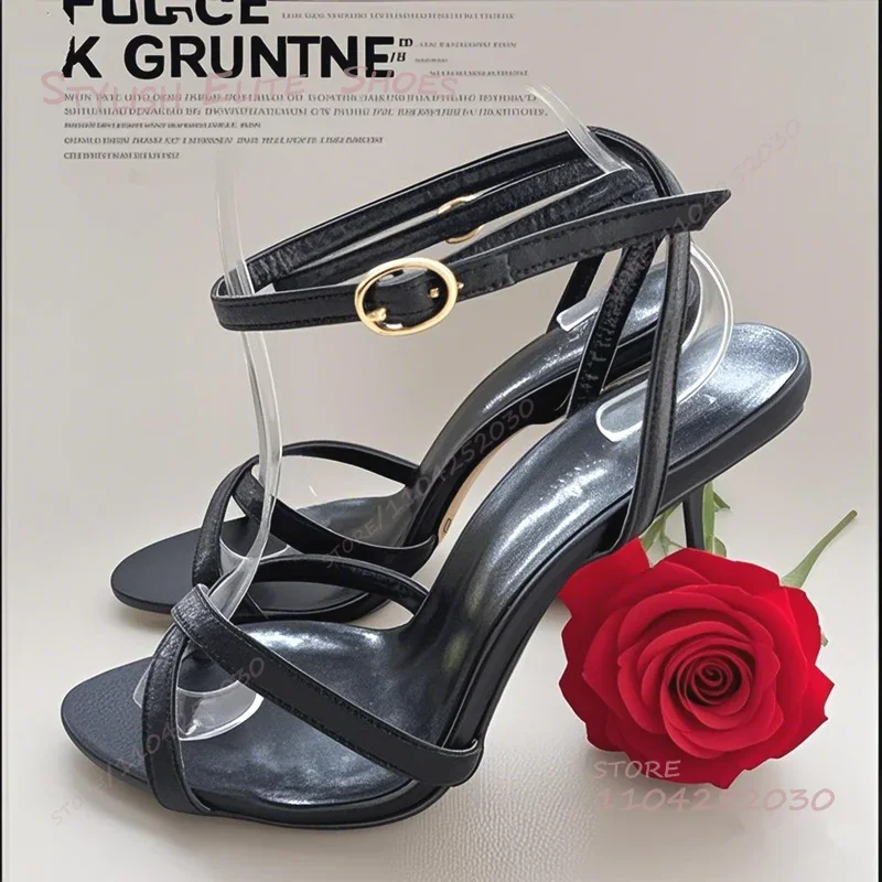 

Heel 3D Rose Red Design Sandals Women Hollow Catwalk Black Leather Heels Summer Open Buckle Red Beach Vacation Tassel-Tie Shoes