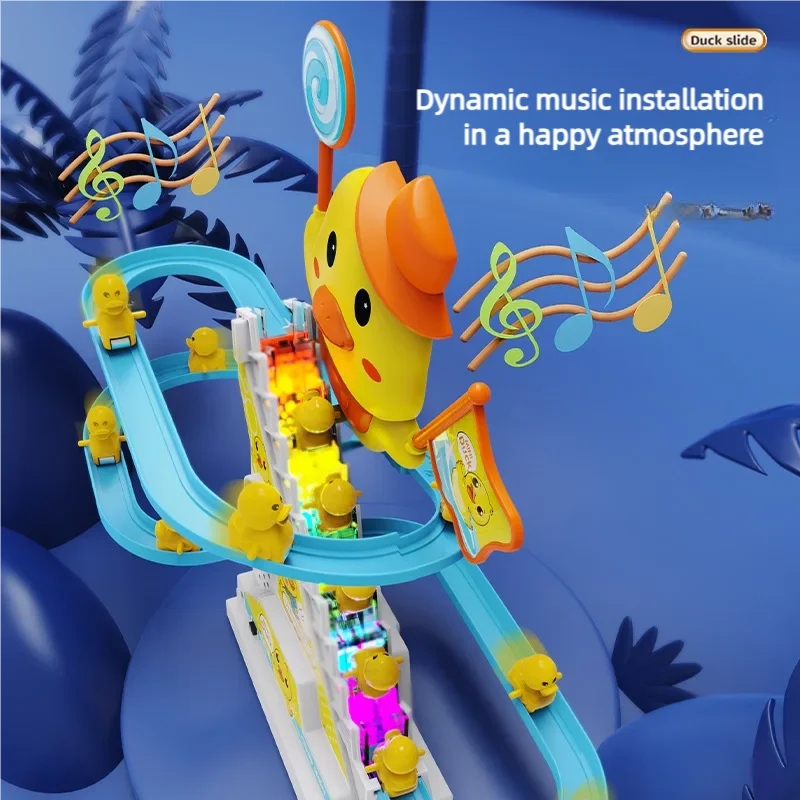 Mainan jalur perakitan anak bebek, kecil kuning mendaki tangga rel geser musik ringan mainan Roller Coaster pendidikan anak-anak hadiah mainan menyenangkan