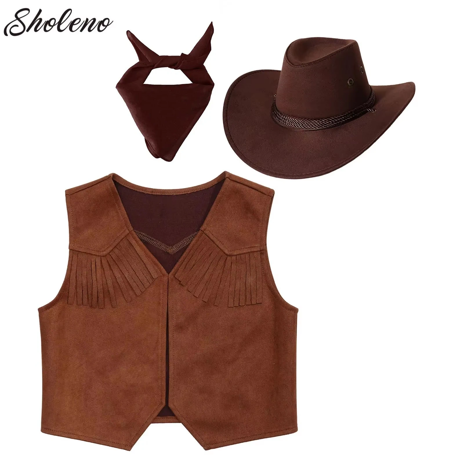 Dziecięcy zachodni kowbojski kapelusz czapka z bandaną szalik zestaw kamizelek dzieci Halloween Cowgirl Cosplay karnawałowe akcesoria do kostiumów imprezowych