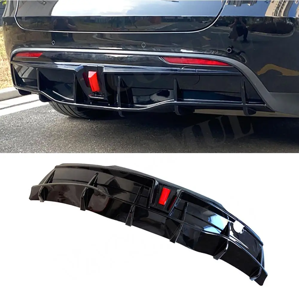 

VACOMUL ABS Carbon Look Rear Bumper Lip Diffuser Spoiler for Tesla Model Y 2018+ With LED Light Rear Bumper Diffuser Gloss Black