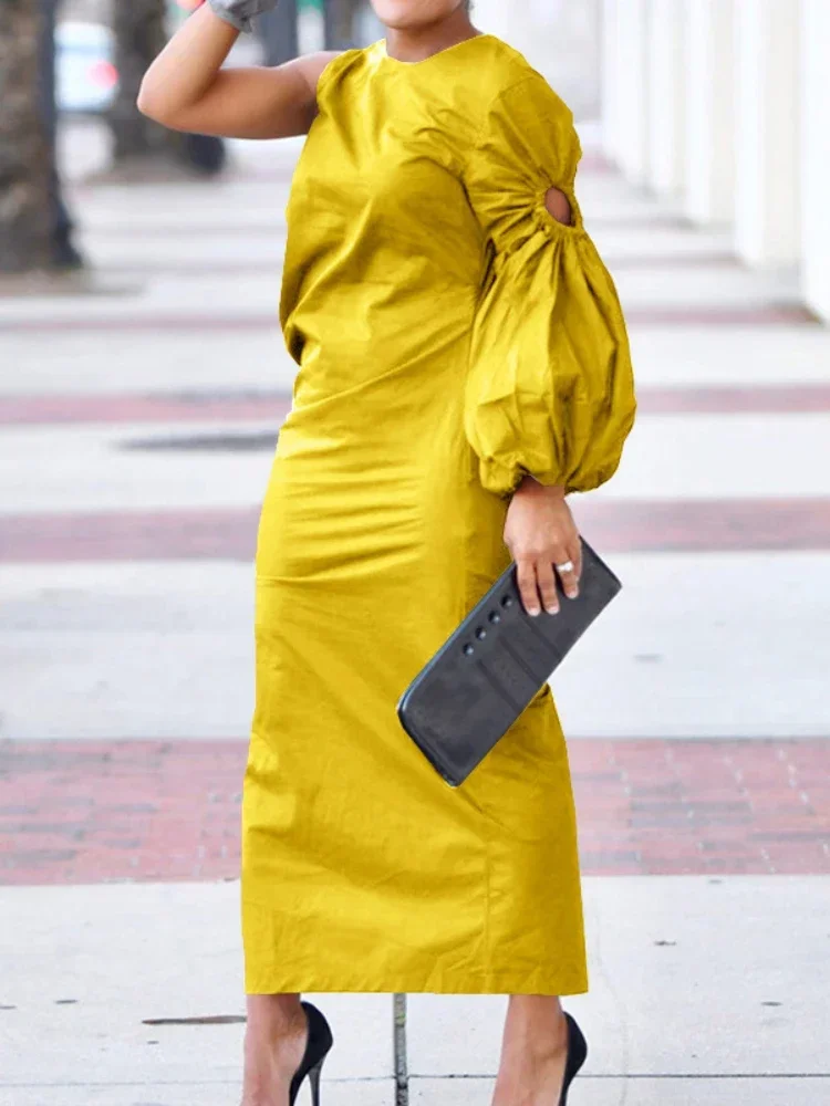 Femmes découpe une manches longues froncé côté fendu Maxi moulante robe mi-longue 2025 hiver Vintage Sexy robes de soirée