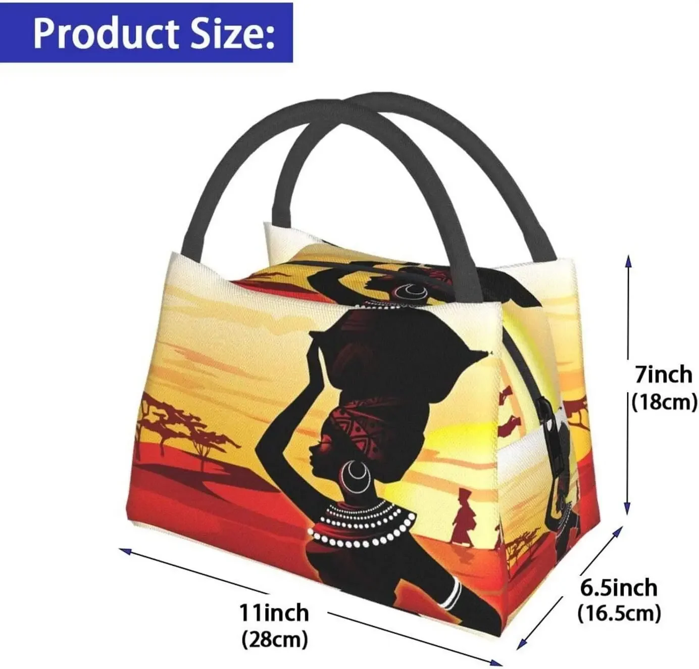 Portable Insulated Lunch Bag African Women Desert Painting Waterproof Tote Bento Bag for Office School Hiking Beach Picnic