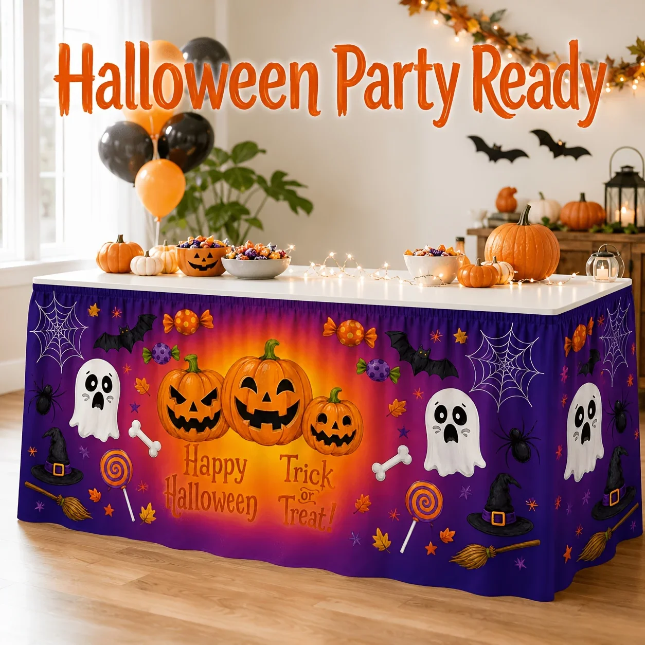1 tablecloth table skirt, Halloween elastic ruffle leaf edge table skirt, pumpkin ghost bat table cover