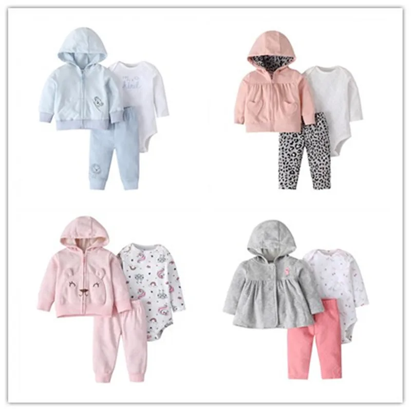 2022 New Fashion Baby Girls Clothes Sets 100% Cotton Baby Coat+Baby Bodysuits+Pants Cartoon Printed Long Sleeves Kids Clothing