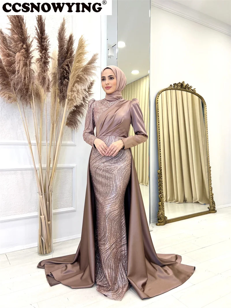 Satin Sequin Hijab Muslim Evening Dresses Islamic Long Sleeve High Neck Formal Party Gown Arabic Kaftan Robes De Soirée