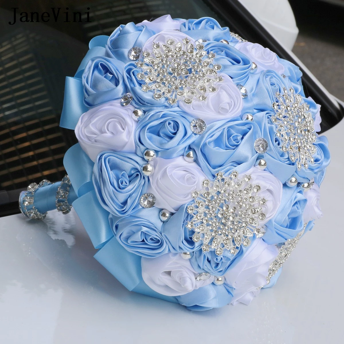 JaneVini-ramo de flores de boda azul claro y blanco brillante, joyería de plata, diamantes de imitación, Accesorios para Novias