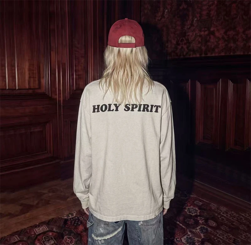 New False Angel Bear Doll Printed Vintage Washed Long Sleeve High Street Casual Loose Cotton Comfortable Simple Sports T-shirt