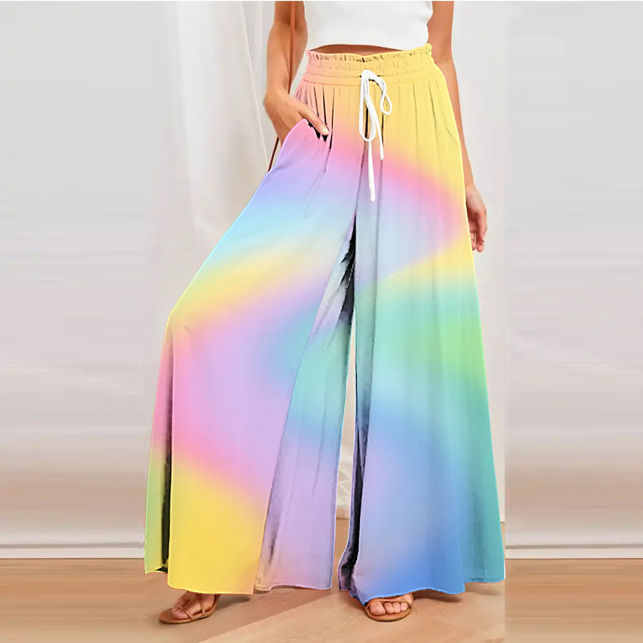 2023 Women's Rainbow Plaid Art Wide Leg Pants 3D Printed Pants Elastic High Waist Modern Trousers Streetwear Design Wide Pants