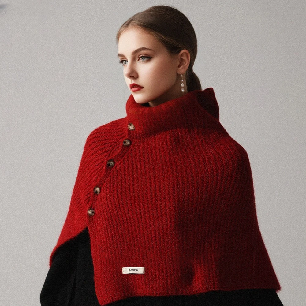

Autumn and winter split high neck wool shawl cape knitted outer layer women's wool scarf cover versatile warm button