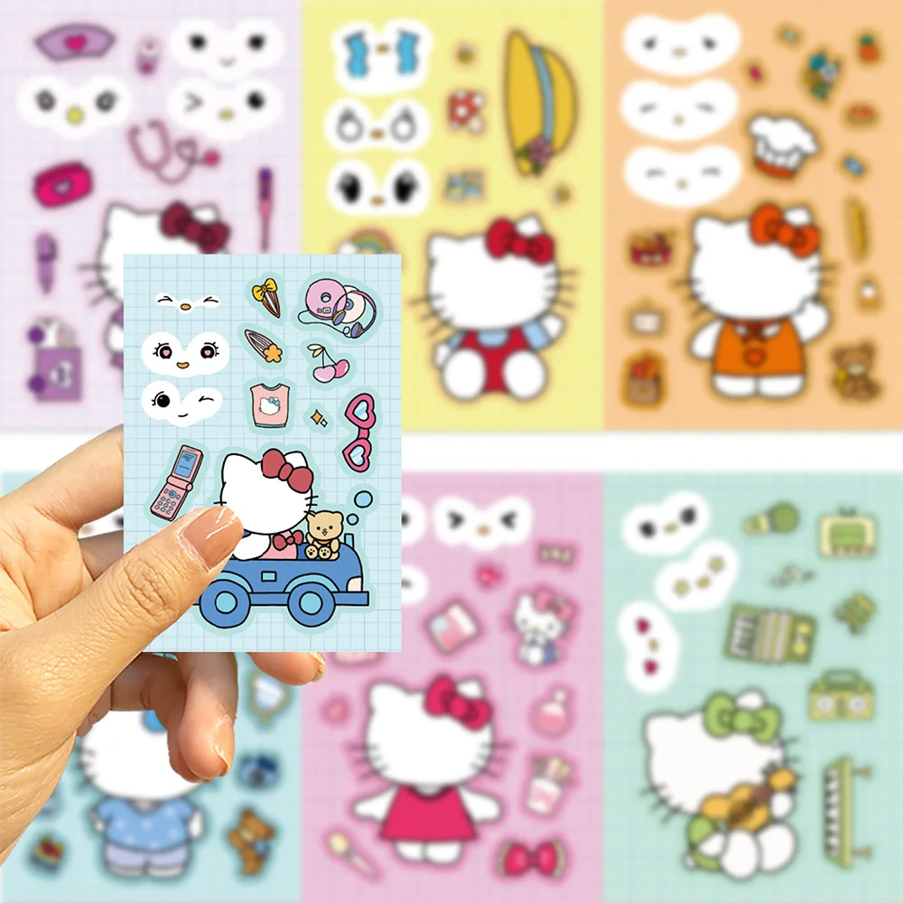 8/16Sheets Sanrio Hello Kitty Puzzle Stickers Game Children Make a Face DIY Toys Funny Assemble Jigsaw Kids Girls Party Favors