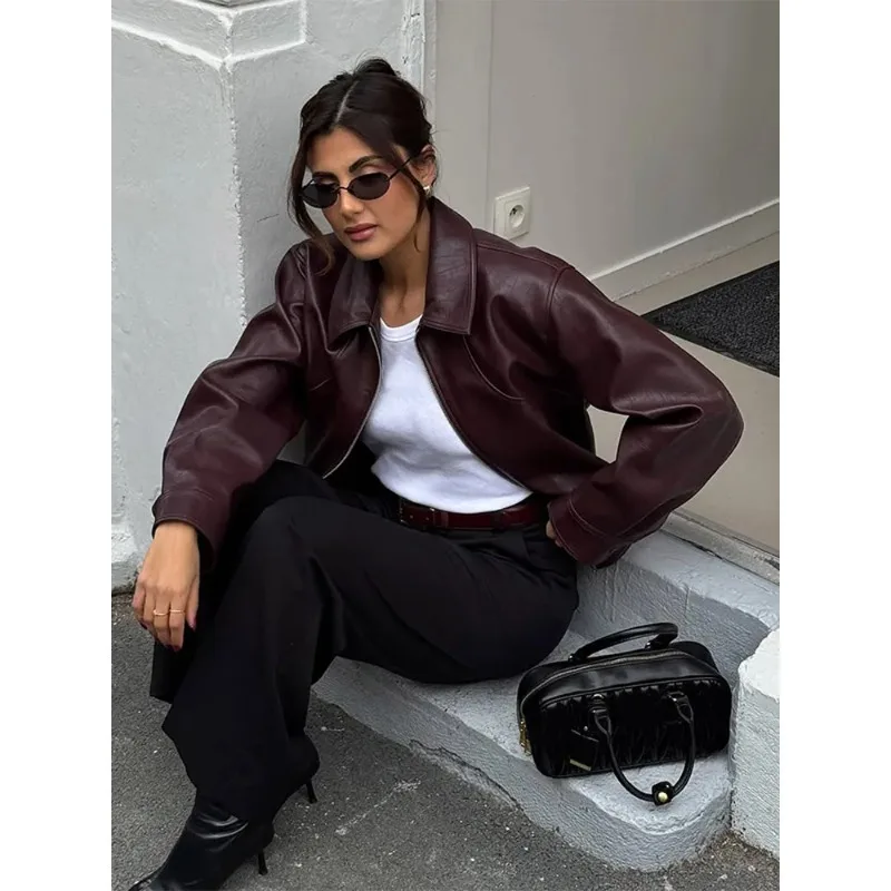 

Модная бургундская куртка-бомбер из искусственной кожи, женская свободная укороченная куртка с длинными рукавами, карманами и молнией, повседневная куртка в стиле стритстайл