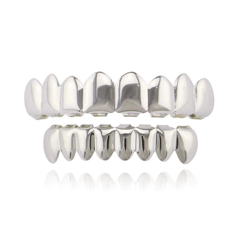 Gold Plated 8 Tooth Premium Grillz Solid 925 Sterling Silver Yellow Gold Finish -8 Tooth Or Caps/Top & Bottom Grills For Teeth