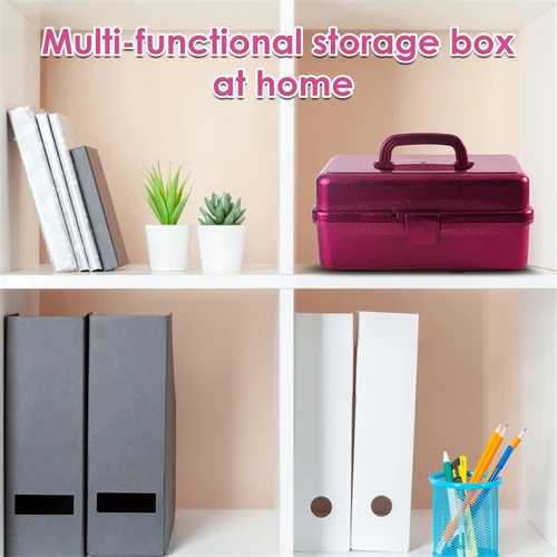 Imagen 2 del producto Supernew Caja de almacenamiento de herramientas artesanal y rosa brillante, caja de aparejos de transporte apilable de 3 capas, organizador de caja de costura para arte