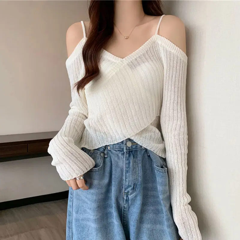 Long Sleeve T-shirt Women Summer Thin Section Hollow Ice Silk Knit Sunscreen Coverall Korean Loose Tops