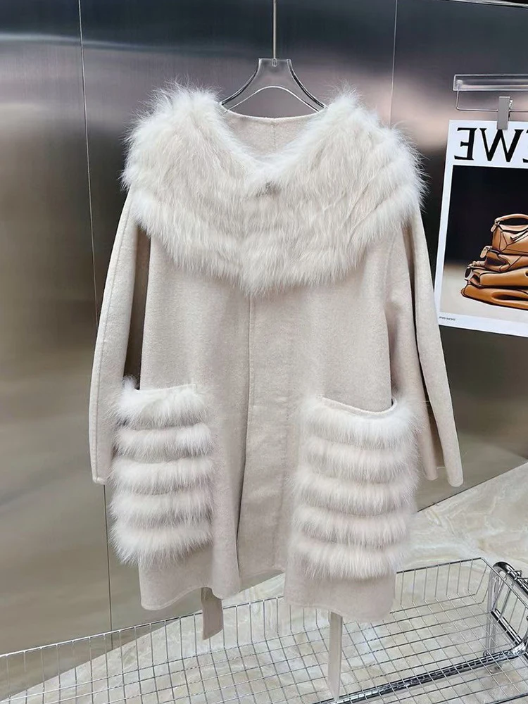 

2023 Woolen fur,Luxury Detachable Real Fox Fur Collar Woolen Coat For Women Fall Winter Female Warm Belted Long Wool Coats With