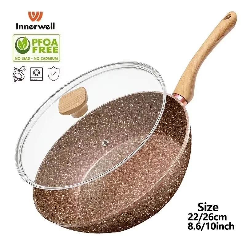 

Innerwell Kitchen Frying Pan Woks with Lid 22/26cm Nonstick Non-toxic Chicken Steak Seafood Skillets Pots Suitable All Stoves