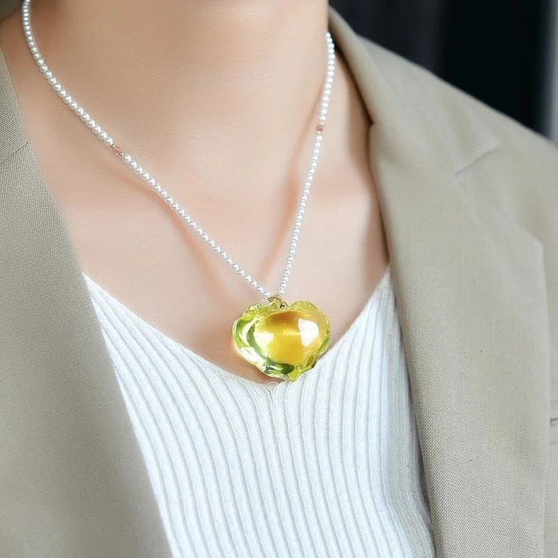 Natural Yellow Citrine Quartz Crystal Lock Women Pendant 38.4*30*18.5mm Gemstone Citrine Wealthy Beads Necklace Genuine AAAAA